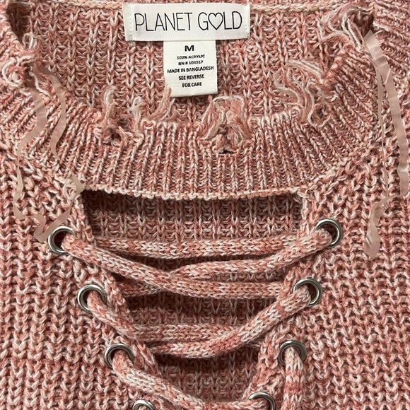 PLANET GOLD- Pink Crew Neck Sweater with Criss Cross Design on Neckline Size M - Picture 3 of 3